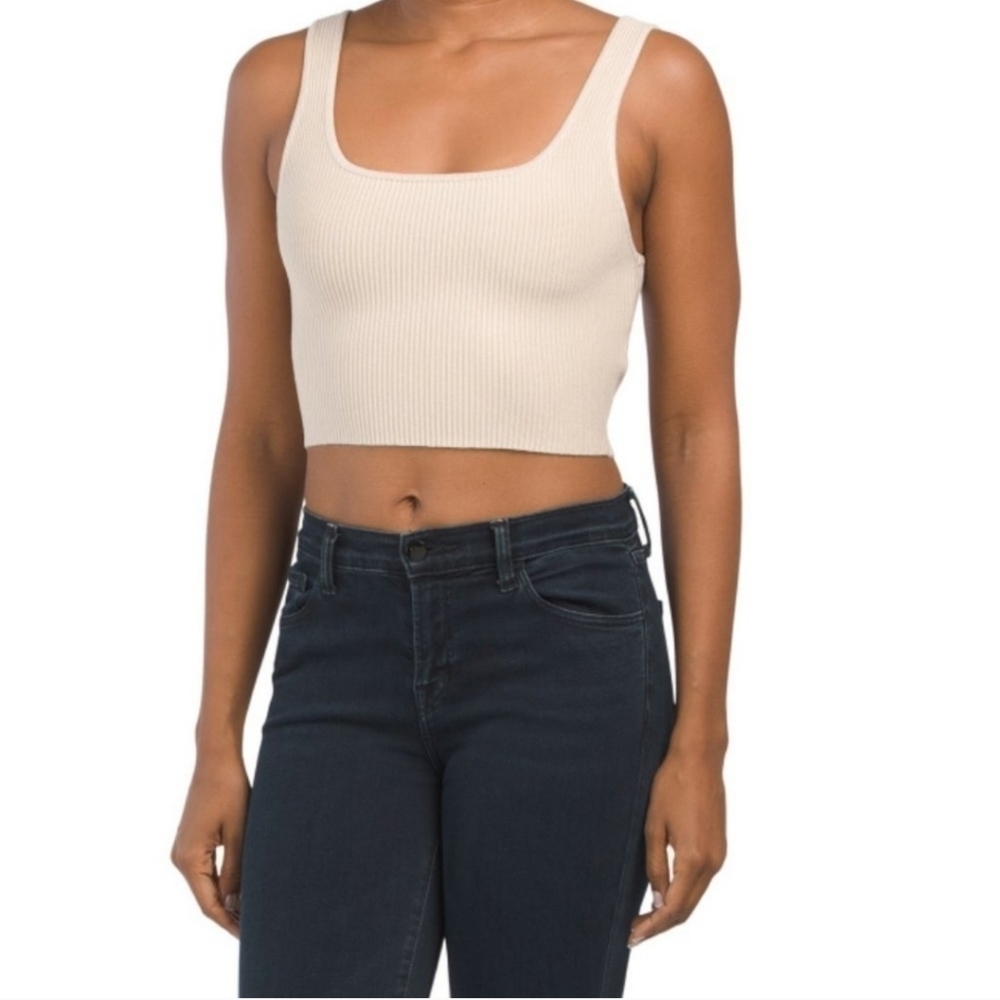 HOUSE OF HARLOW 1960 sand Square Neck Crop Compression Knit Top TAN